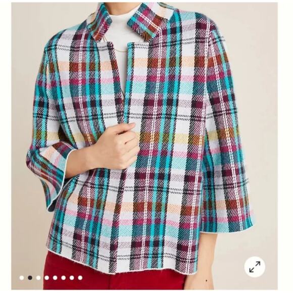 ANTHROPOLOGIE Rosetta Cropped Plaid Sweater Blazer Jacket Sz S {3X13} - Picture 2 of 8